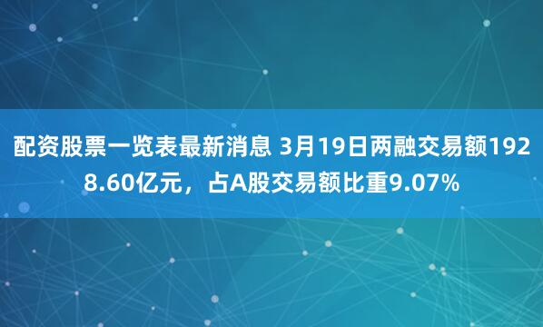 配资股票一览表最新消息 3月19日两融交易额1928.60亿元，占A股交易额比重9.07%